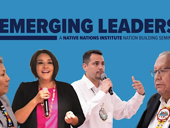 Emerging Leaders Seminar graphic on a blue background with images of Tribal leaders from the 2023 event